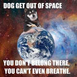 DOG GET OUT OF SPACE YOU DON'T BELONG THERE, YOU CAN'T EVEN BREATHE.