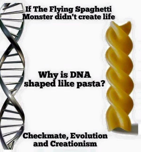 If The Flying Spaghetti Monster didn't create life Why is DNA shaped like pasta? Checkmate, Evolution and Creationism