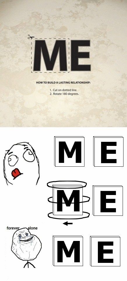 ME HOW TO BUILD A LASTING RELATIONSHIP: 1. Cut on dotted line. 2. Rotate 180 degrees. forever alone