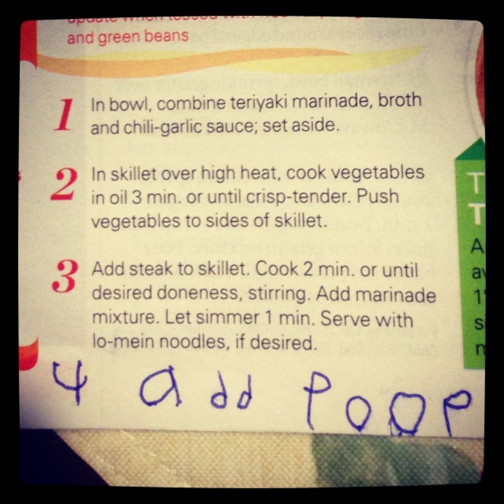 1 In Bowl, combine teriyaki marinade, broth and chili-garlic saunce; set aside. ... 4 add poop