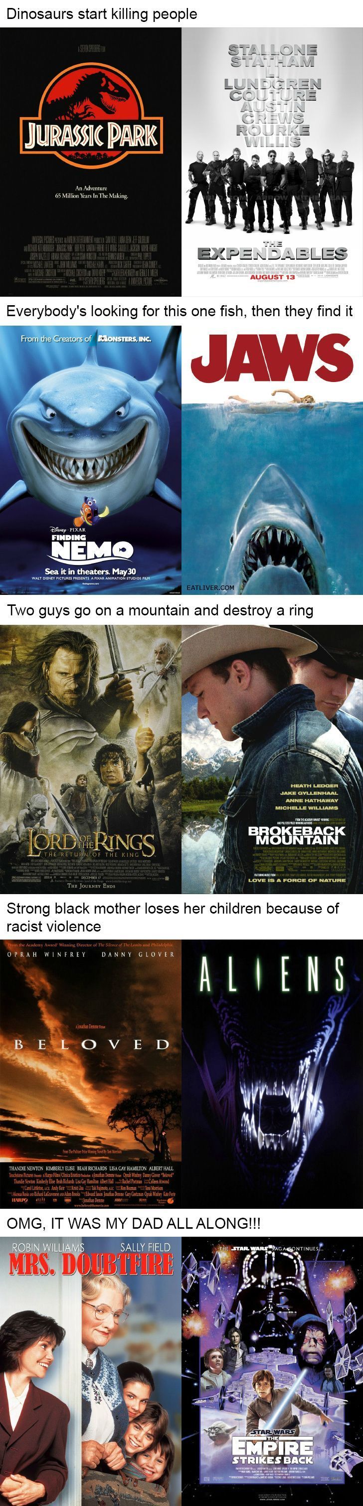 Dinousaurs start killing people Everybody's looking for this one fish, then they find it Two guys go on a mountain and destroy a ring Strong black mother loses her children because of racist violence OMG, IT WAS MY DAD ALL ALONG!!!