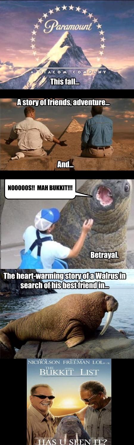 This fall... A story of friends, adventure... And... NOOOOOS!! MAH BUKKIT!!! Betrayal. The heart-warming story of a Walrus in search of his best friend in... THE BUKKIT LIST HAS U SEEN IT? 