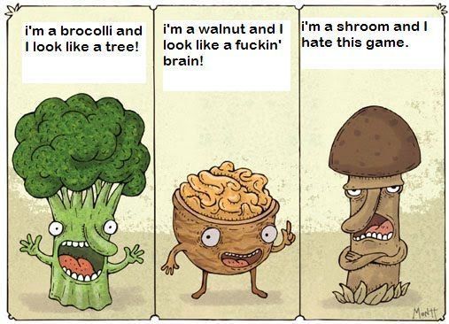 i'm a brocolli and I look like a tree! i'm a walnut and I look like a f✡✝kin' brain! i'm a shroom and I hate this game.