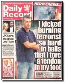 I kicked burning terrorist so hard in balls that I tore a tendon in my foot