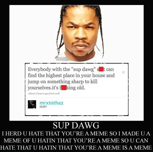 Everybody with the 'sup dawg' s[]t can find the highest place in your house and jump on something sharp to kill yourselves.it's f[]king old. SUP DAWG I HERD U HATE THAT YOU'RE A MEME SO I MADE U A MEME OF U HATIN THAT YOU'RE A MEME...