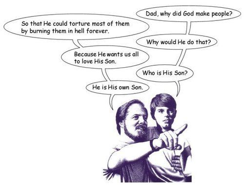 Dad, why did God make people? So that He could torture most of them by burning them in hell forever. Why would He do that? Because He wants us all to love His Son. Who is His Son? He is His own Son.