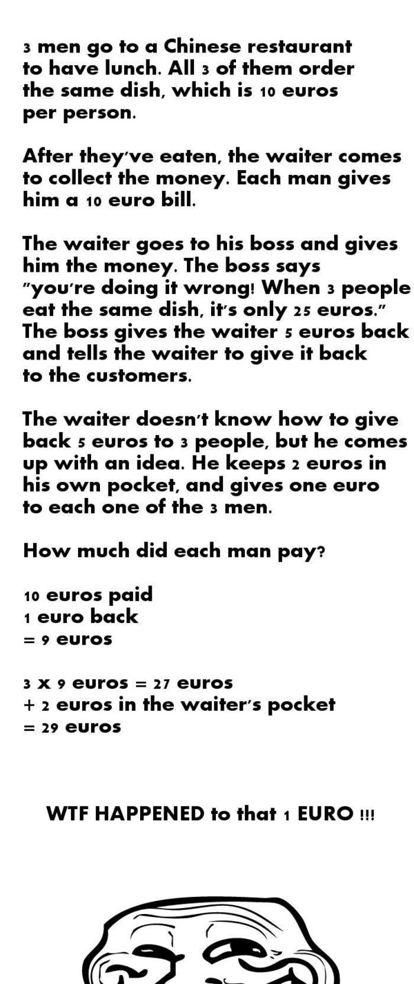 3 men go to a Chinese restaurant to have lunch. All 3 of them order the same dish, whic his 10 euros per person. Aftery they've eaten, the waiter comes to collect the money. Each man gives him a 10 euro bill. WTF HAPPENED to that 1 EURO !!!