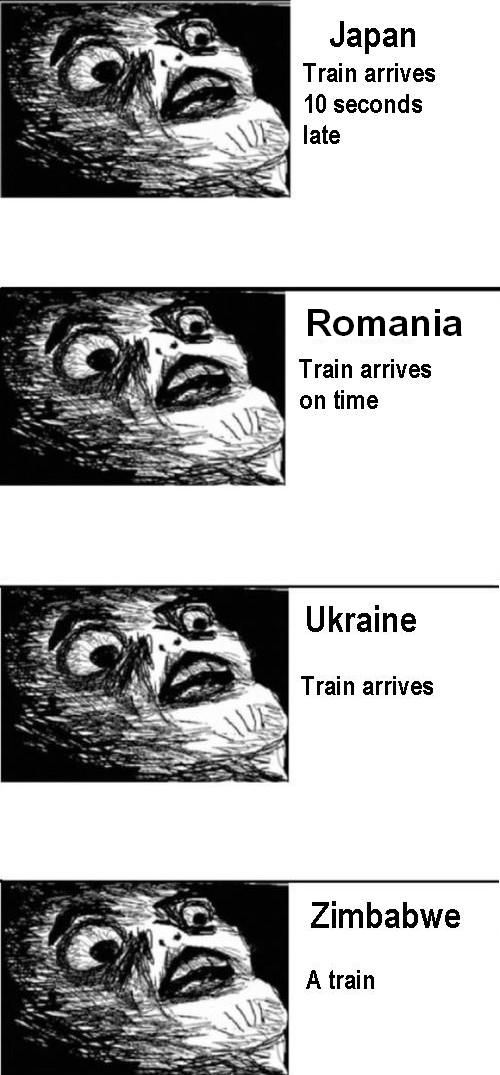 Japan Train arrives 10 seconds late Romania Train arrives on time Ukraine Train arrives Zimbabwe A train