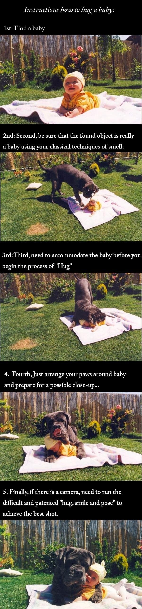 Instructions how to hug a baby: 1st: Find a baby 2nd: Second, be sure that the found object is really a baby using your classical techniques of smell.