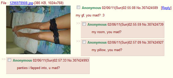 my gf, you mad? :3 my room, you mad? my pillow, you mad? panties i fapped into, u mad?