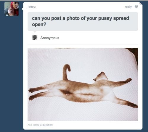 can you post a photo of your pussy spread open? Anonymous