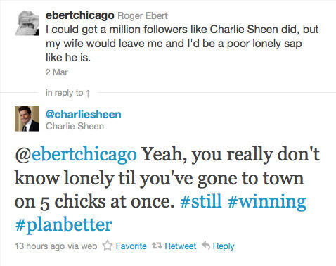 Roger Ebert I could get a million followers like Charlie Sheen did, but my wife would leave me and I'd be a poor lonely sap like he is. Charlie Sheen Yeah, you really don't know lonely til you've gone to town on 5 chicks at once.