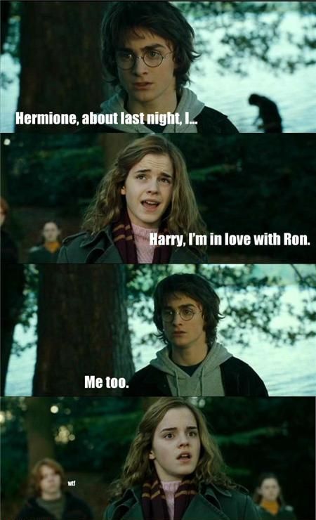 Hermione, about last night, I... Harry, I'm in love with Ron. Me too.