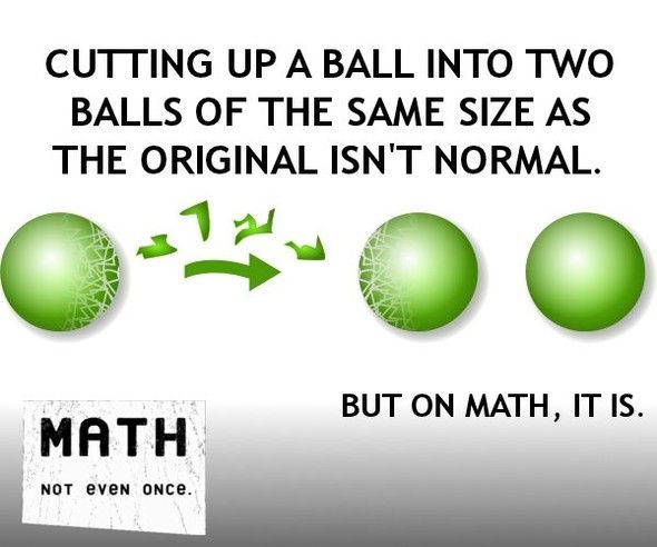 CUTTING UP A BALL INTO TWO BALLS OF THE SAME SIZE AS THE ORIGINAL ISN'T NORMAL. BUT ON MATH, IT IS. MATH NOT EVEN ONCE