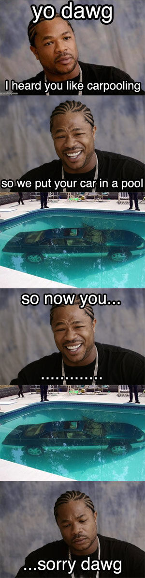 yo dawg I heard you like carpooling so we put your car in a pool so now you... .......... ...sorry dawg