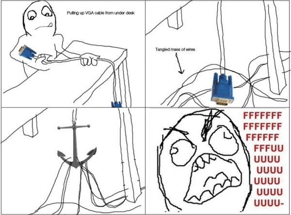 Pulling up VGA cable from under desk Tangled mass of wires FFFFFFFFFUUUUUUUU