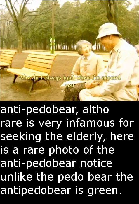 anti-pedobear, altho rare is very infamous for seeking the elderly, here is a rare photo of the anti-pedobear notice unlike the pedo bear the antipedobear is green.