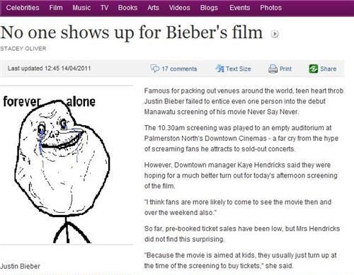 No one shows up for Bieber's film Famous for packing out venues around the world, teen heart throb Justin Bieber failed to entice even one person into the debut Manawatu screening of his movie Never Say Never.