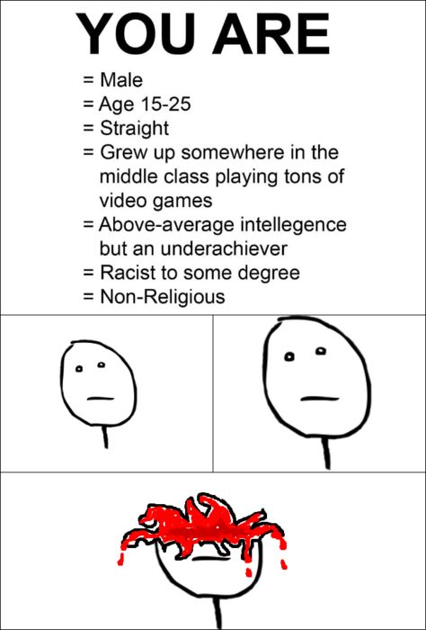 YOU ARE Male Age 15-25 Straight Grew up somewhere in the middle class playing tons of video games Above-average intelligence but and underachiever Racist to some degree Non-Religious