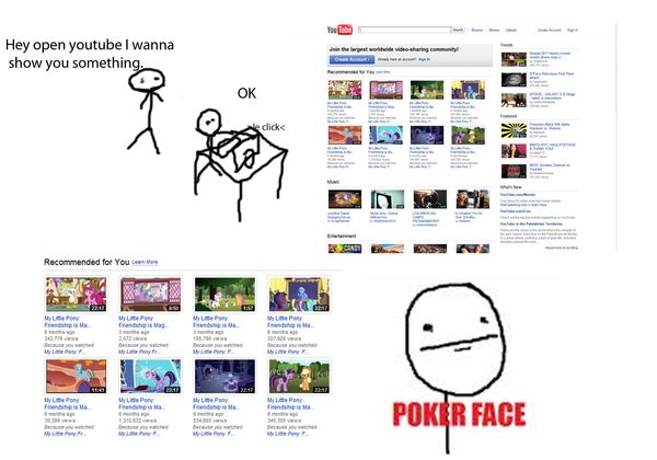 Hey open youtube I wanna show you something. OK >le click< Recommended for You My Little Pony POKER FACE