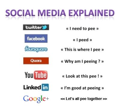 SOCIAL MEDIA EXPLAINED
 I need to pee
 I peed
 This is where I pee
 Why am I peeing?
 Look at this pee!
 I'm goot at peeing
 Let's all pee together