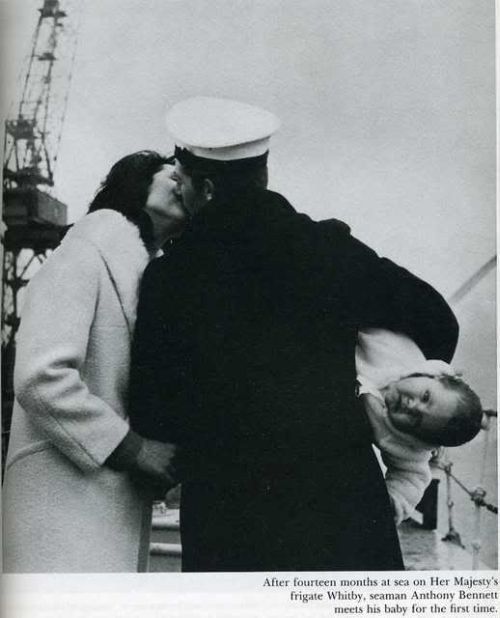 After fourteen months at see on Her Majesty's frigate Whitby, seaman Anthony Bennett meets his baby for the first time.