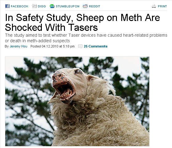 In Safety Study, Sheep on Meth Are Shocked With Tasers
 The study aimed to test whether Taser devices have caused heart-related problems or death in meth-addled suspects