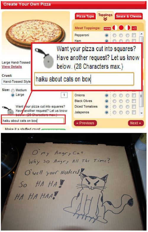 Create Your Own Pizza Want your pizza cut into squares? Have another request? Let us know below. (28 Characters max.) haiku about cats on box O'my Angry Cat Why so Angry All The Time?