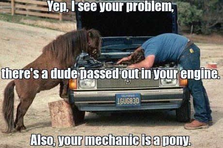 Yep, I see your problem, there's a dude passed out in your engine. Also, your mechanic is a pony.