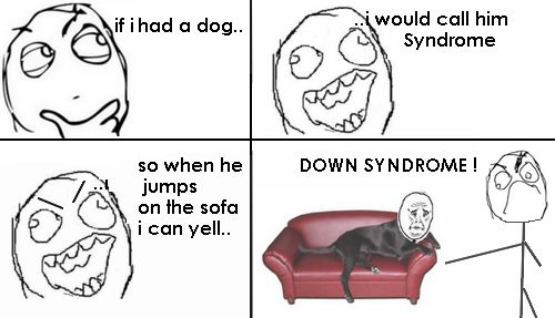 if i had a dog..
 .. i would call him Syndrome
 so when he jumps on the sofa i can yell..
 DOWN SYNDROME!