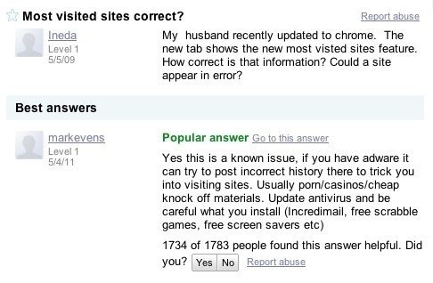Most visited sites correct? My husband recently updated to chrome. The new tab shows the new most visited sites feature. How correct is that information? Could a site appear in error?