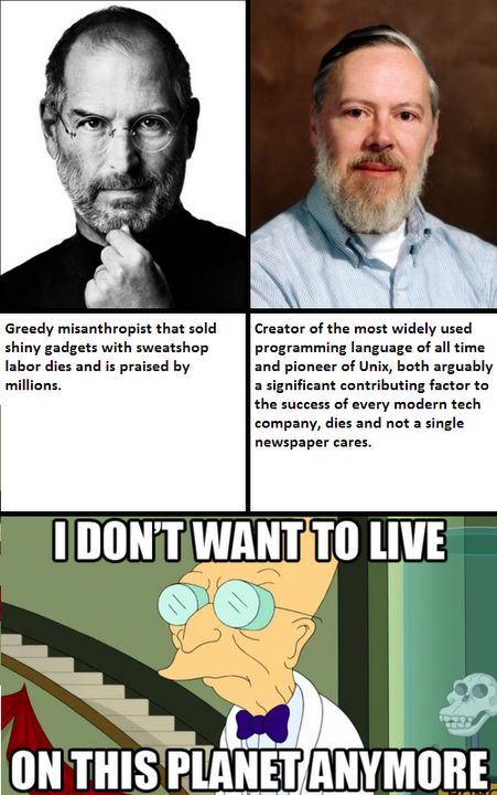Greedy misanthropist that sold shiny gadgets with sweatshop labor dies and is praised by millions. Creator of the most widely used programming language of all time and pioneer of Unix, both arguably a significant contributing factor...