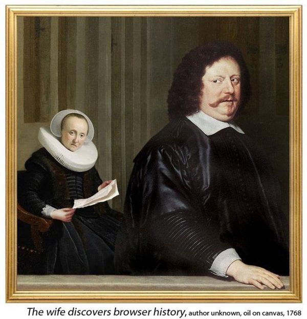 The wife discovers browser history, author unknown, oil on canvas, 1768