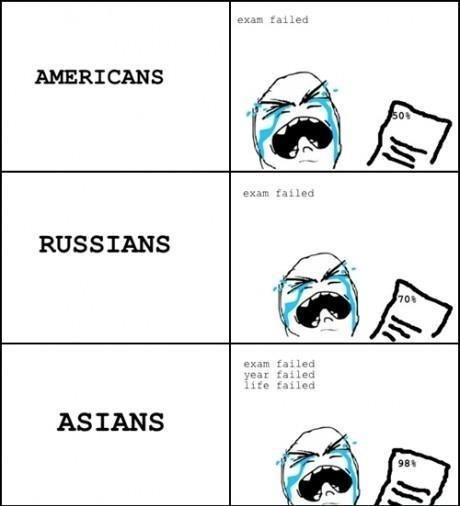 AMERICANS exam failed RUSSIANS exam failed ASIANS exam failed year failed life failed
