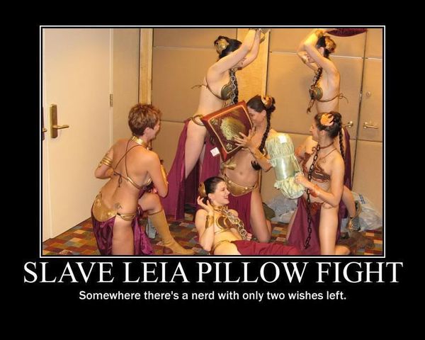 SLAVE LEIA PILLOW FIGHT
 Somewhere there's a nerd with only two wishes left.