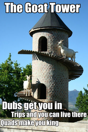 The Goat Tower
 Dubs get you in
 Trips and you can live there
 Quads make you king