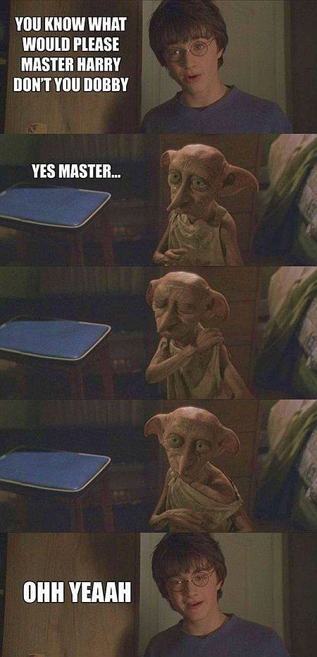 YOU KNOW WHAT WOULD PLEASE MASTER HARRY DON'T YOU DOBBY YES MASTER... OHH YEAAH