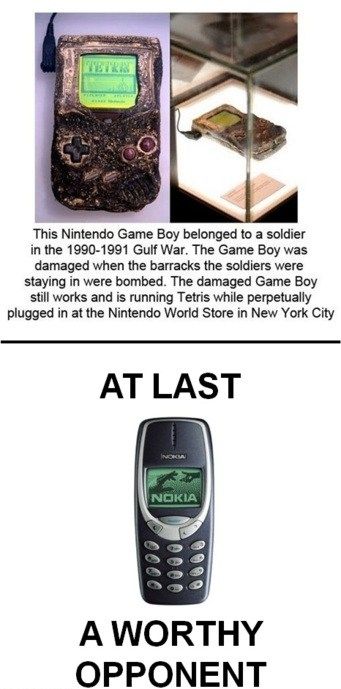 The Nintendo Game Boy belonged to a soldier in the 1990-1991 Gulf War. The Game boy was damaged when the barracks the soldiers were staying n were bombed. AT LAST A WORTHY OPPONENT