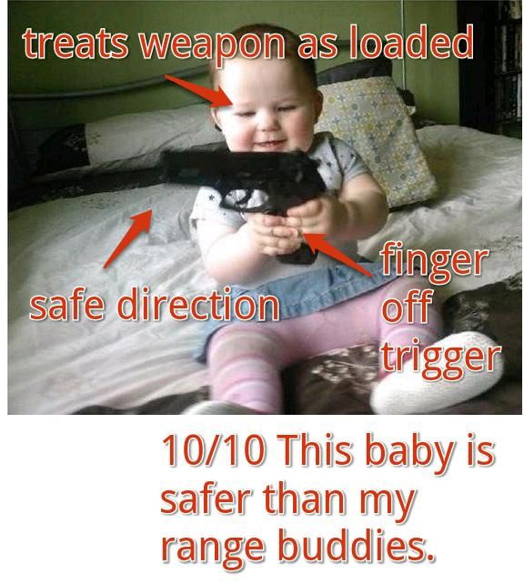 treats weapon as loaded
 safe direction
 finger of trigger
 10/10 This baby is safer than my range buddies.