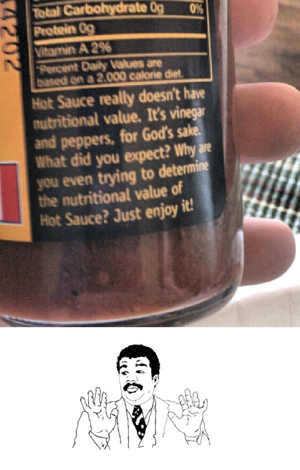 Hot Sauce really doesn't have nutritional value. It's vinegar and peppers, for God's sake. What did you expect? why are you even trying to determine the nutritional value of Hot Sauce? Just enoy it!