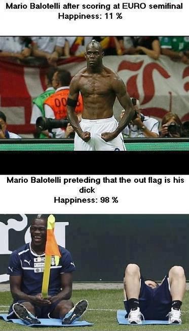 Mario Balotelli after scoring at EURO semifinal Happiness: 11% Mario Balotelli pretending that the out flag is his dick Happiness: 98%