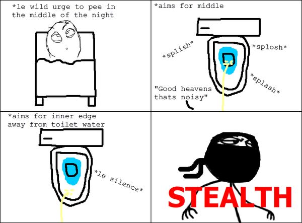 *le wild urge to pee in the middle of the night *aims for middle *splush* *splosh* *splash* 'Good heavens thats noisy' *aims for inner edge away toilet water *le silence* STEALTH