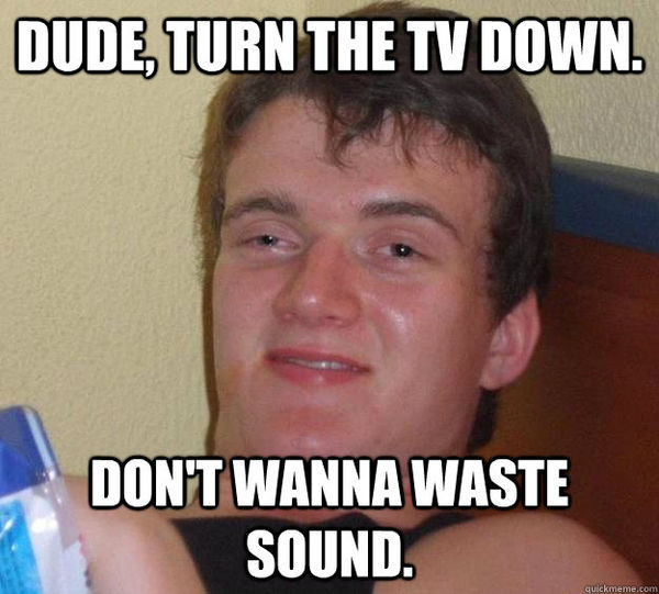 DUDE, TURN THE TV DOWN. DON'T WANNA WASTE SOUND.