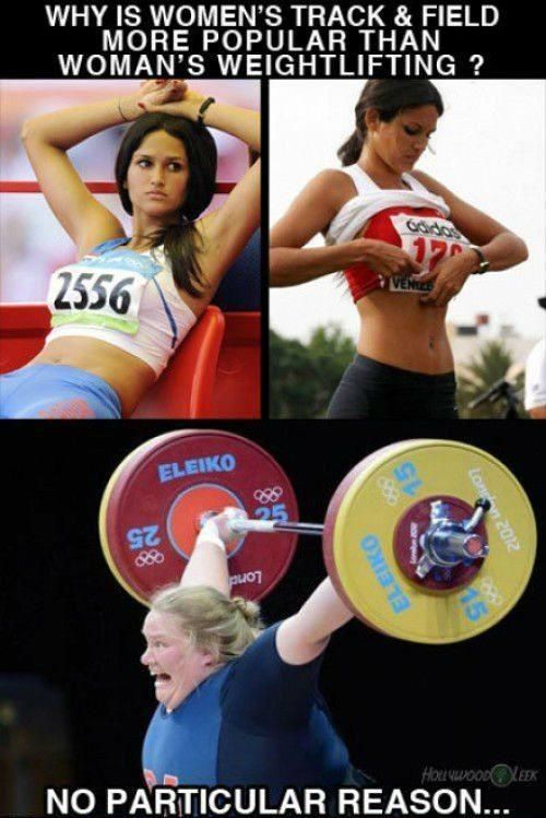 WHY IS WOMEN'S TRACK & FIELD MORE POPULAR THAN WOMAN'S WEIGHTLIFTING ? NO PARTICULAR REASON...