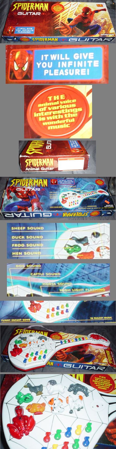 SPIDERMAN GUITAR
 IT WILL GIVE YOU INFINITE PLEASURE!
 THE animals voice of various interestings  is with the wonderful music.
 SHEEP SOUND
 DUCK SOUND
 FROG SOUND
 HEN SOUND
 DOG SOUND
 CATTLE SOUND