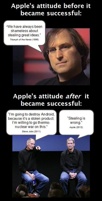 Apple's attitude before it became successful:
 'We have always been shameless about stealing great ideas.'
 Triumph of the Nerds (1996)
 Apple's attitue after it became successful:
 'I'm going to destroy Android, because it's a stolen product...