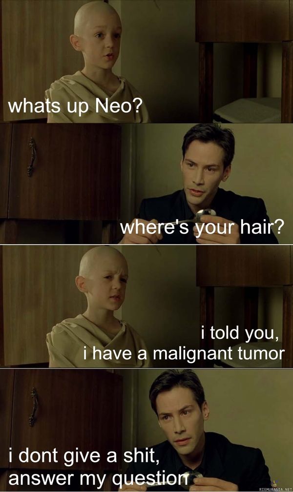 whats up Neo? where's your hair? i told you, i have a malignant tumor i dont give a shit, answer my question