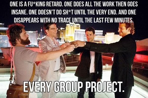 ONE IS A F✡✞KING RETARD. ONE DOES ALL THE WORK THEN GOES INSANE. ONE DOESN'T DO SH*T UNTIL THE VERY END. AND ONE DISAPPEARS WITH NO TRACE UNTIL THE LAST FEW MINUTES.
 EVERY GROUP PROJECT.