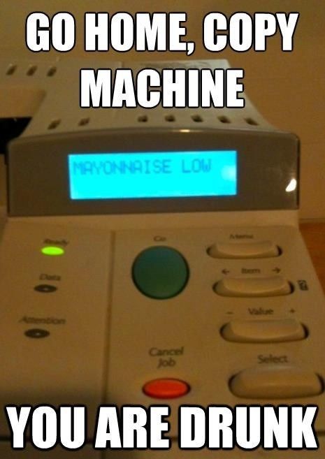 MAYONNAISE LOW
 GO HOME, COPY MACHINE
 YOU ARE DRUNK