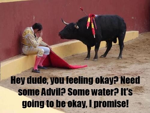 Hey dude, you feeling okay? Need some Advil? Some water? It's going to be okay, I promise!